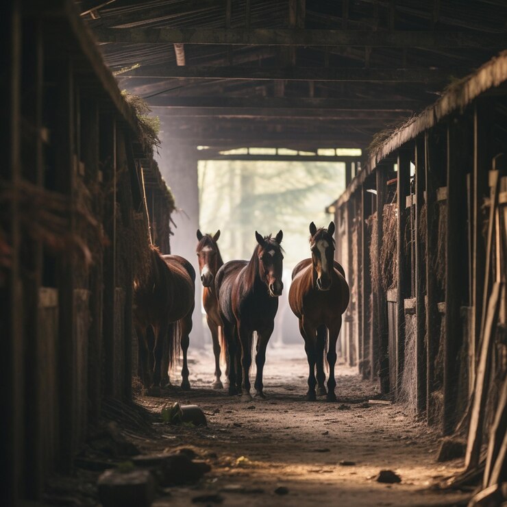 Un caballo de pie dentro de un granero