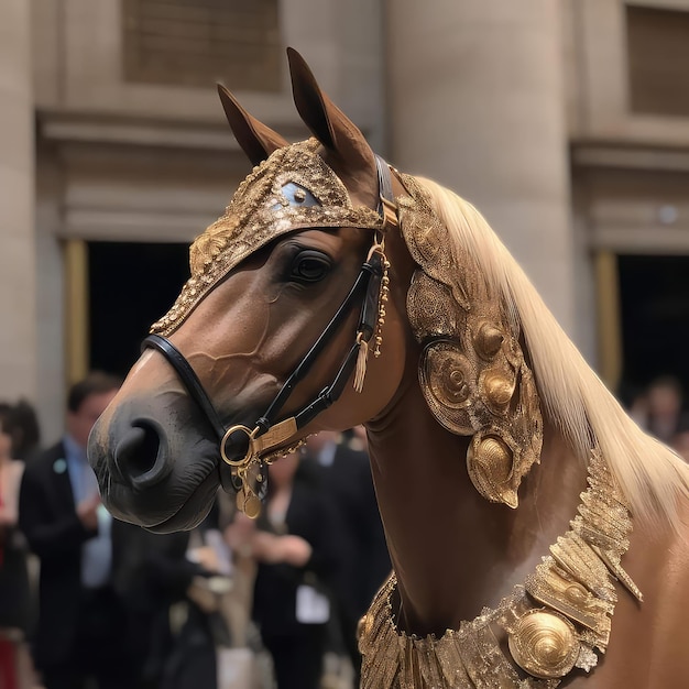Un caballo con una pieza de cabeza de oro y una cadena alrededor de su cuello.