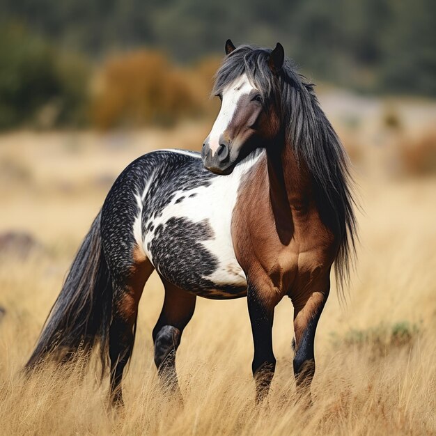 Un caballo Pinto de pie en un campo de hierba alta