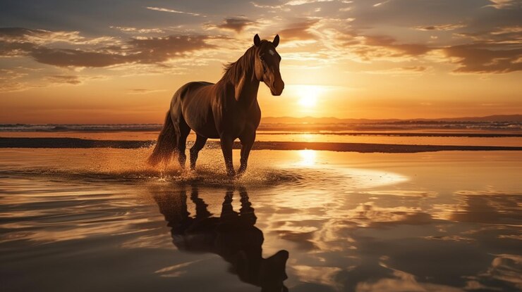 Caballo en la playa al atardecer con reflejo en el agua generativo ai