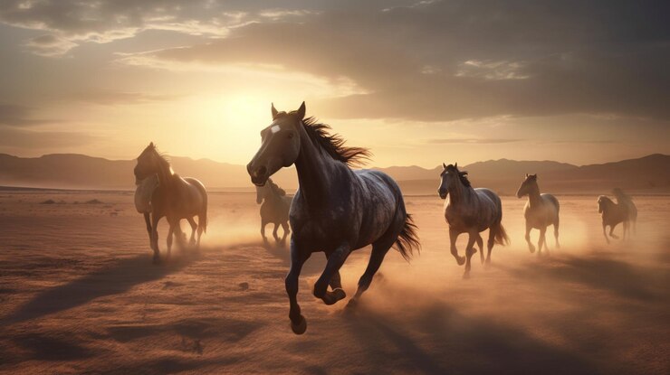 Caballo en la playa al atardecer con reflejo en el agua generativo ai