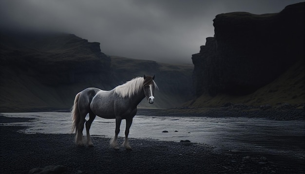 Un caballo se para en una playa frente a una montaña.