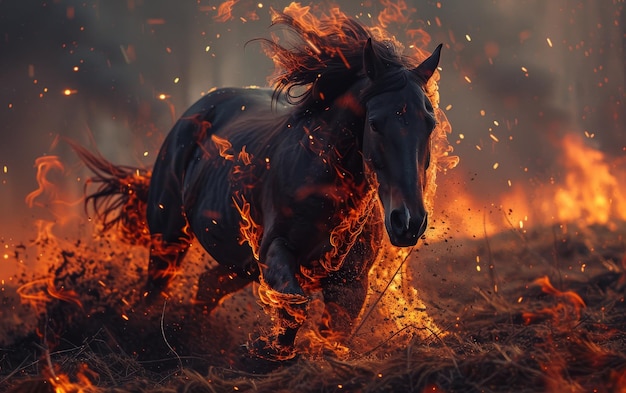 Un caballo poderoso galopa rápidamente a través de un campo envuelto en llamas demostrando fuerza y agilidad