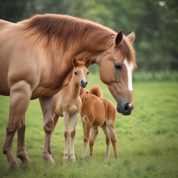 Foto un caballo con un potro de pie a su lado