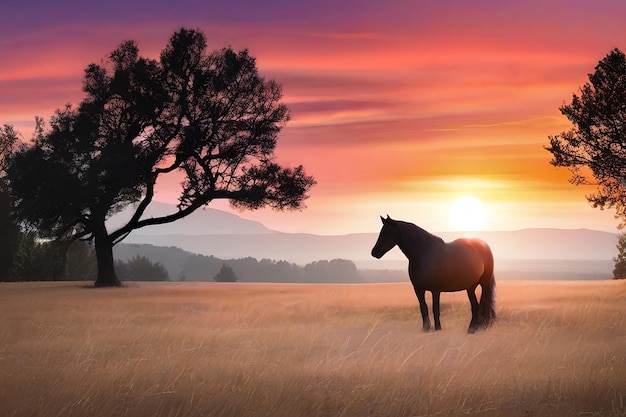 Foto el caballo y la puesta de sol