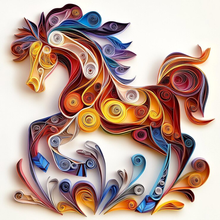 Caballo quilling vibrante sobre un fondo blanco