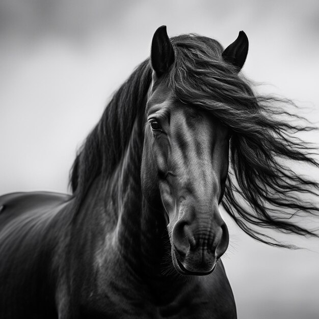 Foto caballo rapado con el pelo largo soplando en el viento generativo ai