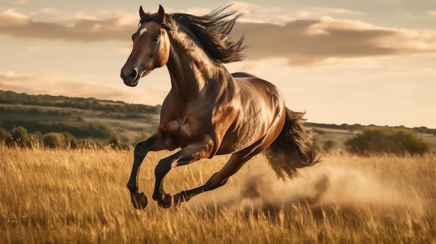 Un caballo real galopando a través de un campo abierto generado por IA