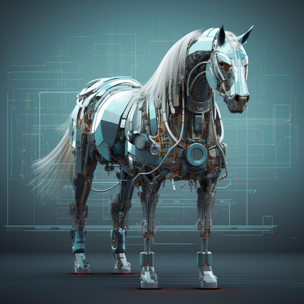 Un caballo robot con cabeza de robot y cabeza de robot.