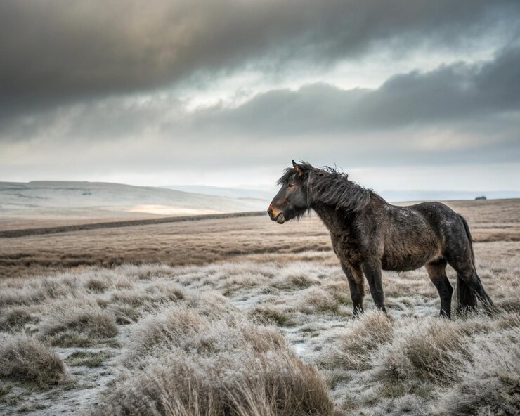Un caballo robusto desafía los vientos fríos en un vasto campo abierto que simboliza la resiliencia y la resistencia a medida que se acerca el invierno