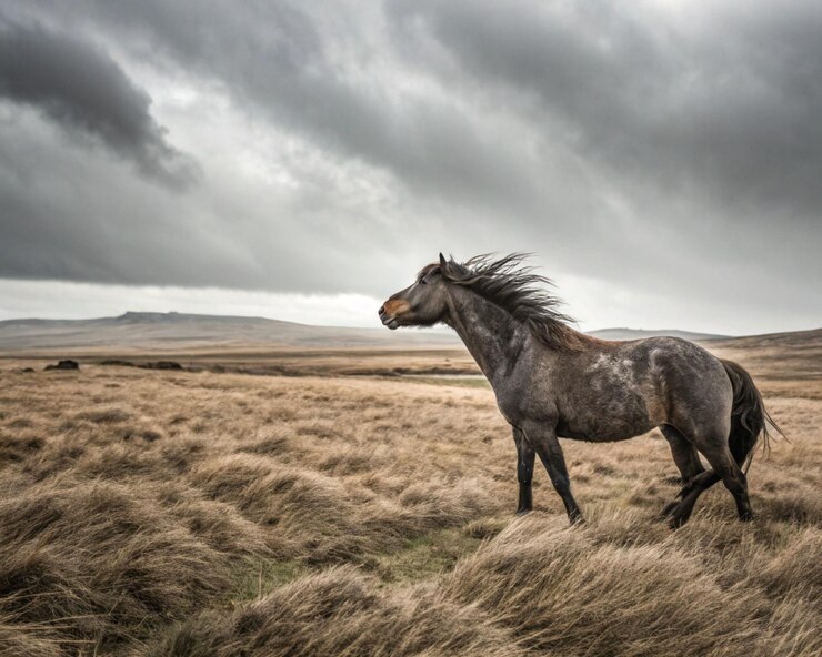 Un caballo robusto desafía los vientos fríos en un vasto campo abierto que simboliza la resiliencia y la resistencia a medida que se acerca el invierno