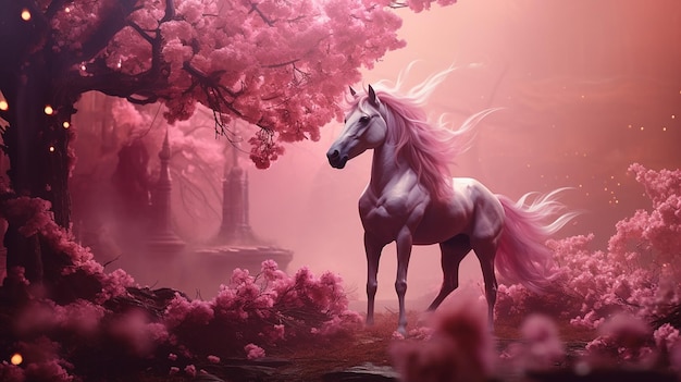Foto un caballo rosa de hadas en el bosque