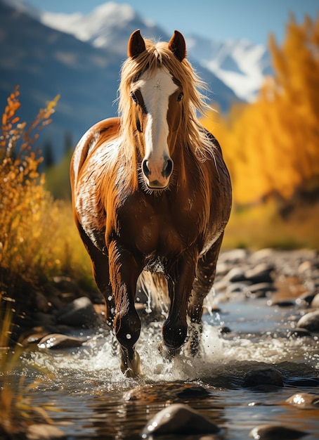 Foto un caballo salvaje corriendo en el arroyo animales salvajes o de granja