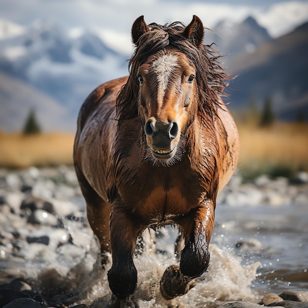 Foto un caballo salvaje corriendo en el arroyo animales salvajes o de granja