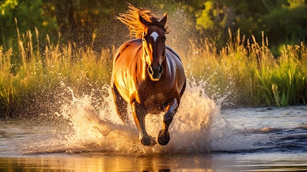 Un caballo salvaje galopa sobre una corriente de agua