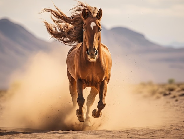Foto caballo salvaje galopando a través de la llanura de arena pateando polvo en el aire