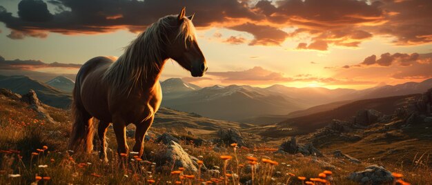 Foto caballo salvaje vagando libremente en una vasta pradera al atardecer con un impresionante telón de fondo de montañas y cielo abierto