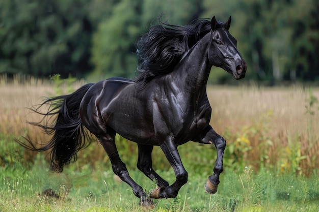 Foto caballo de sangre caliente holandés negro de velocidad rápida con una melena majestuosa y una acción poderosa