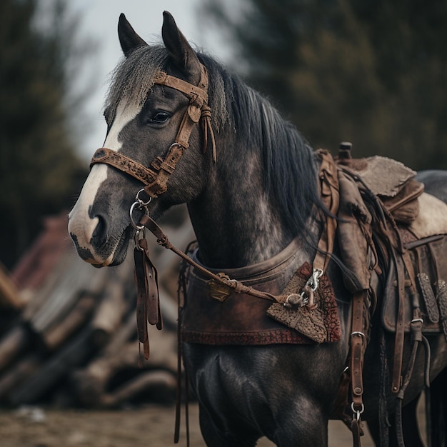 un caballo con una silla en la cabeza y una silla en el costado.