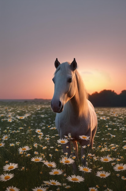 Caballo sobre césped verde con margaritas al atardecer Hermoso caballo sobre hierba verde con flores silvestres manzanilla IA generativa