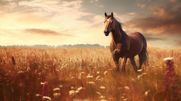 Caballo sobre fondo de campo natural Ilustración AI GenerativexA