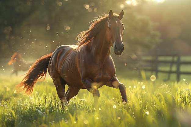 Foto un caballo solitario saltando con gracia en un paddock iluminado por el sol