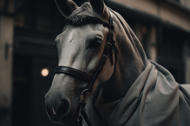 Un caballo con un sombrero de cuero se para frente a un edificio.