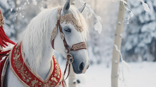 Un caballo tirando de un trineo Un paseo en trineo tirado por caballos a través del paisaje invernal creado con tecnología de IA generativa