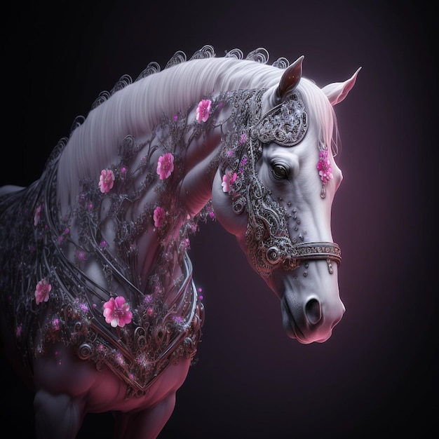 Un caballo con un tocado de flores y una cadena de plata alrededor del cuello.