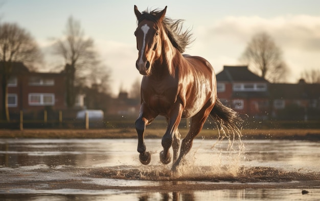 Caballo tomando un relajante chapuzón en un charco a mitad del viaje