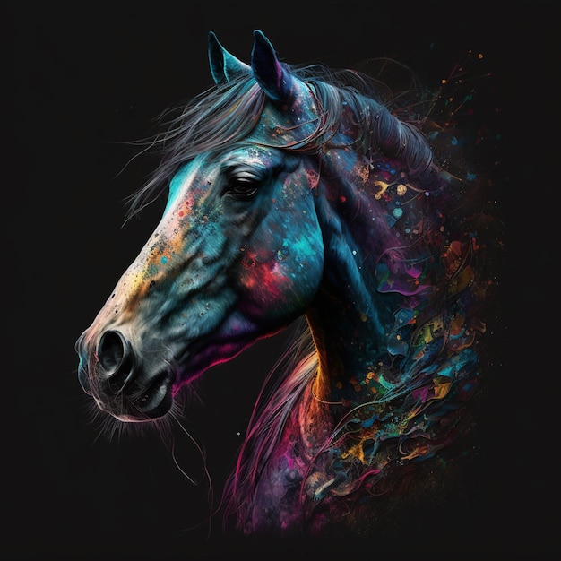 Un caballo con un trabajo de pintura en la cara está pintado con un fondo negro.