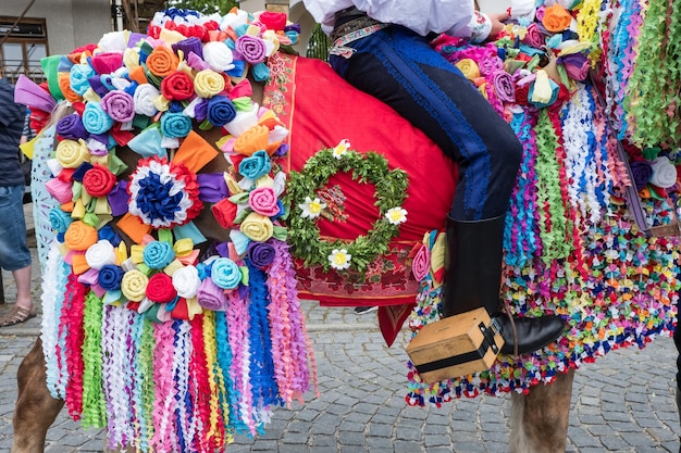 Foto caballo durante el tradicional festival de la cabalgata de reyes de moravia en vlcnov república checa