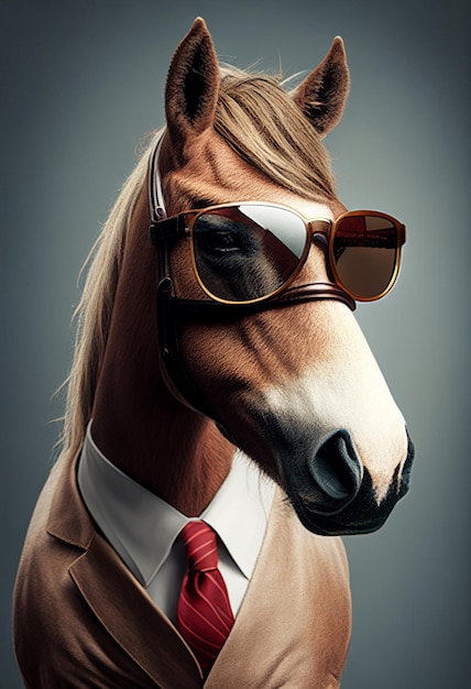 Un caballo con traje y gafas de sol lleva traje y corbata.