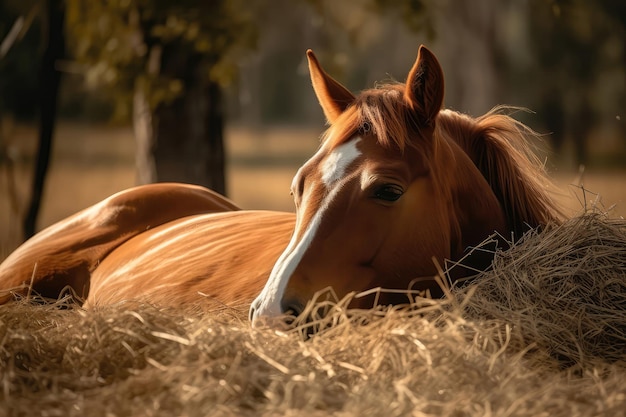 Caballo tranquilo se reclina sobre un lecho de heno fresco IA generativa