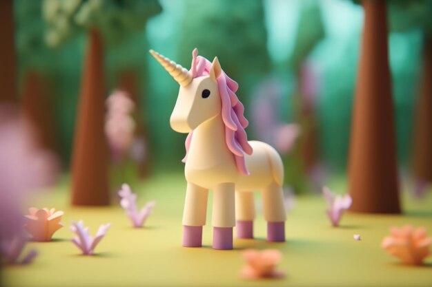 Un caballo unicornio caminando en el bosque 3D Pequeña y linda IA generativa isométrica