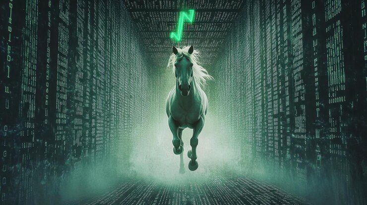Un caballo verde está caminando en una pantalla con una línea verde