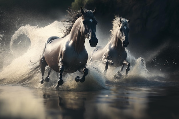 Caballos al galope saltando sobre la cámara en un río