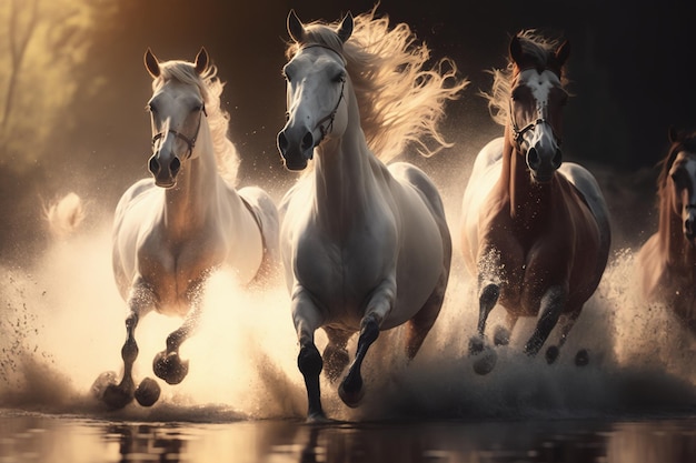 Caballos al galope saltando sobre la cámara en un río