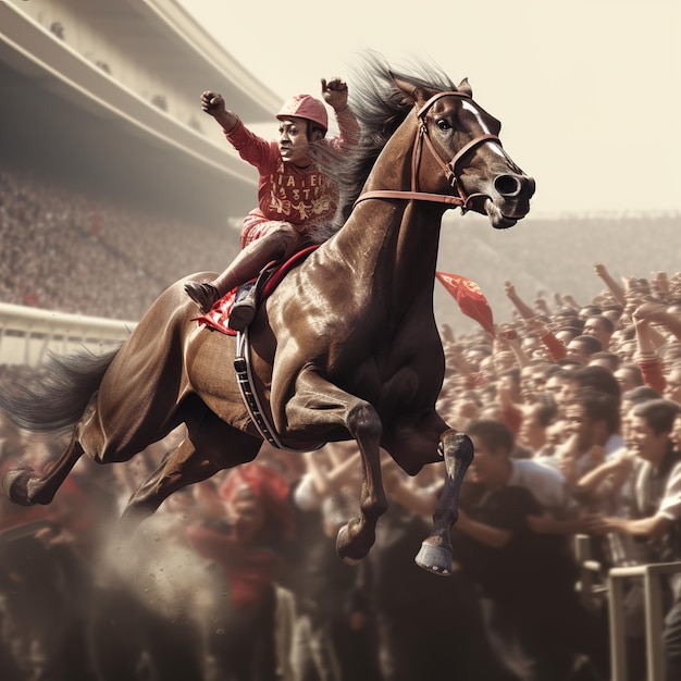 Caballos artísticos corriendo en grupo en una pista de carreras