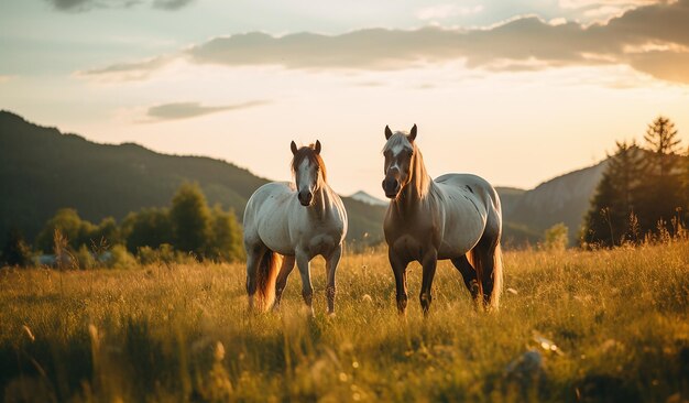 los caballos del atardecer se paran en una colina en el medio del bosque