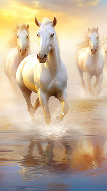 caballos blancos corriendo en el agua cielo nublado deporte ecuestre IA generativa