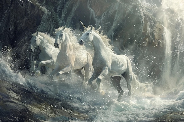 caballos blancos corriendo en el agua con las palabras unicornios en la parte inferior