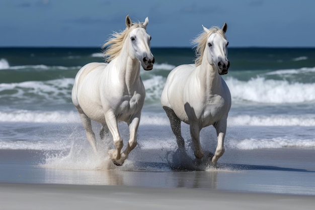 Caballos blancos corriendo a lo largo del océano sobre arena blanca IA generativa