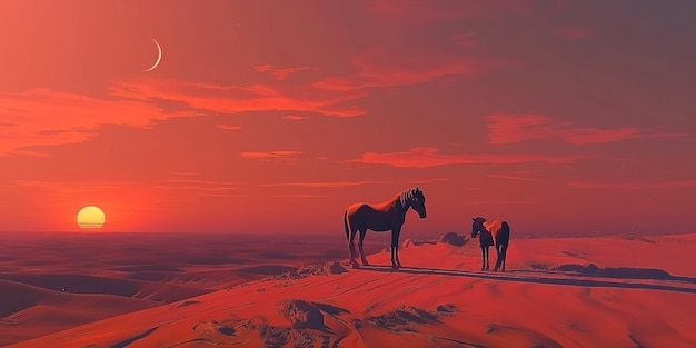 Caballos en el borde de un desierto al atardecer con la media luna y una luna llena en la noche Eid Mubarak