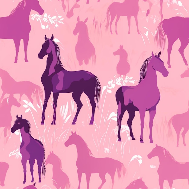 caballos en un campo de flores y hierba con un fondo rosa ai generativo