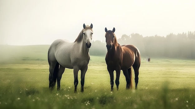 Caballos en un campo con un fondo de cielo