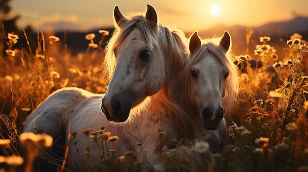 Caballos caricias en la pradera