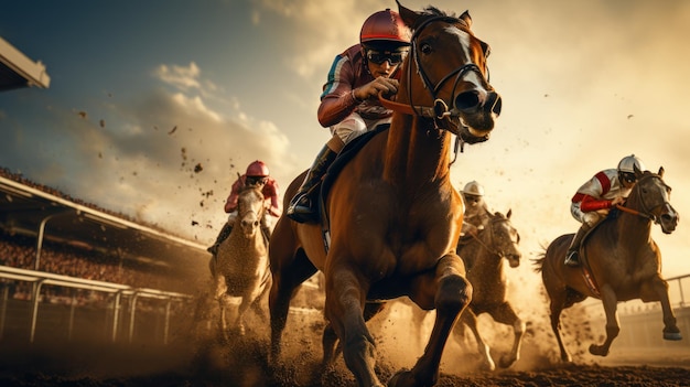 Caballos de carreras y jinetes luchando por la primera posición en la pista de carreras