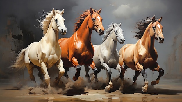 Los caballos corren al galope en el desierto Ilustración 3D