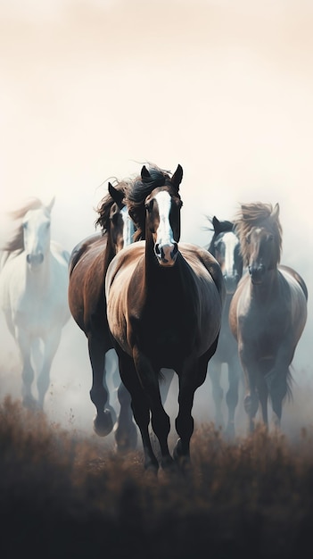 Los caballos corren por el campo de niebla